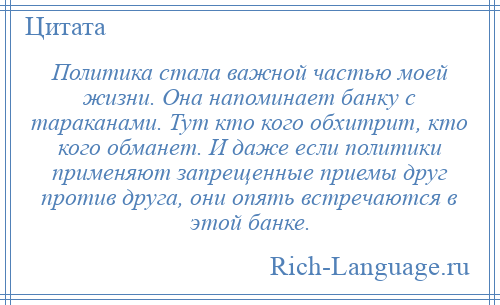 
    Политика стала важной частью моей жизни. Она напоминает банку с тараканами. Тут кто кого обхитрит, кто кого обманет. И даже если политики применяют запрещенные приемы друг против друга, они опять встречаются в этой банке.