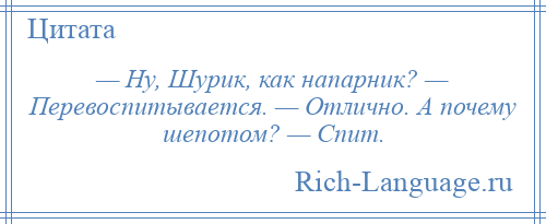 
    — Ну, Шурик, как напарник? — Перевоспитывается. — Отлично. А почему шепотом? — Спит.