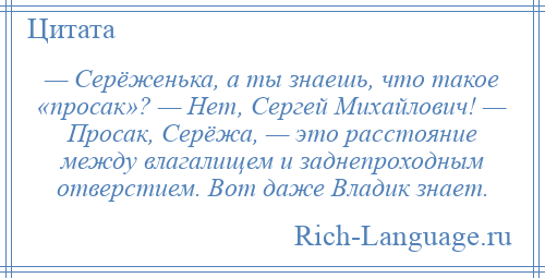 
    — Серёженька, а ты знаешь, что такое «просак»? — Нет, Сергей Михайлович! — Просак, Серёжа, — это расстояние между влагалищем и заднепроходным отверстием. Вот даже Владик знает.