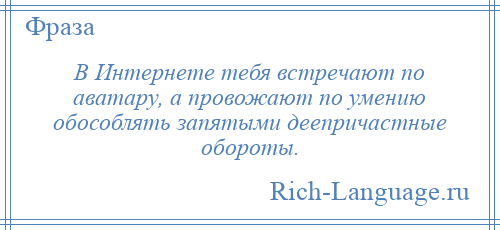 
    В Интернете тебя встречают по аватару, а провожают по умению обособлять запятыми деепричастные обороты.