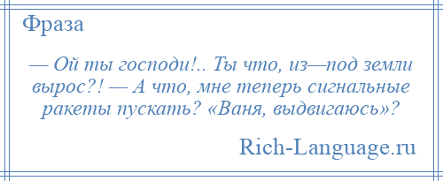 
    — Ой ты господи!.. Ты что, из—под земли вырос?! — А что, мне теперь сигнальные ракеты пускать? «Ваня, выдвигаюсь»?