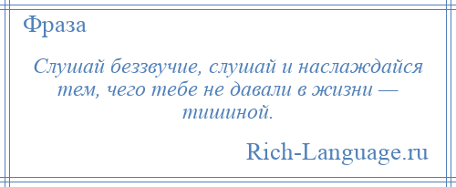 
    Слушай беззвучие, слушай и наслаждайся тем, чего тебе не давали в жизни — тишиной.