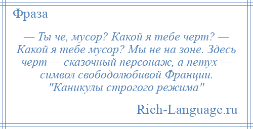 
    — Ты че, мусор? Какой я тебе черт? — Какой я тебе мусор? Мы не на зоне. Здесь черт — сказочный персонаж, а петух — символ свободолюбивой Франции. Каникулы строгого режима 