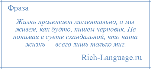 
    Жизнь пролетает моментально, а мы живем, как будто, пишем черновик. Не понимая в суете скандальной, что наша жизнь — всего лишь только миг.