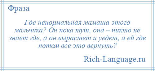 
    Где ненормальная мамаша этого мальчика? Он пока тут, она – никто не знает где, а он вырастет и уедет, а ей где потом все это вернуть?