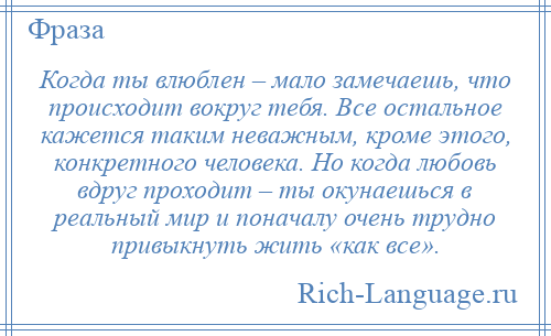 
    Когда ты влюблен – мало замечаешь, что происходит вокруг тебя. Все остальное кажется таким неважным, кроме этого, конкретного человека. Но когда любовь вдруг проходит – ты окунаешься в реальный мир и поначалу очень трудно привыкнуть жить «как все».