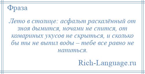 
    Лето в столице: асфальт раскалённый от зноя дымится, ночами не спится, от комариных укусов не скрыться, и сколько бы ты не выпил воды – тебе все равно не напиться.