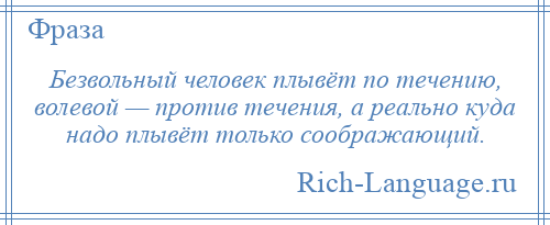 
    Безвольный человек плывёт по течению, волевой — против течения, а реально куда надо плывёт только соображающий.