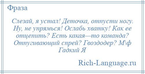 
    Слезай, я устал! Деточка, отпусти ногу. Ну, не упрямься! Ослабь хватку! Как ее отцепить? Есть какая—то команда? Отпугивающий спрей? Гвоздодер? М\ф Гадкий Я