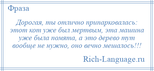 
    Дорогая, ты отлично припарковалась: этот кот уже был мертвым, эта машина уже была помята, а это дерево тут вообще не нужно, оно вечно мешалось!!!