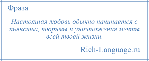 
    Настоящая любовь обычно начинается с пьянства, тюрьмы и уничтожения мечты всей твоей жизни.