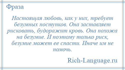 
    Настоящая любовь, как у них, требует безумных поступков. Она заставляет рисковать, будоражит кровь. Она похожа на безумие. И поэтому только риск, безумие может ее спасти. Иначе им не помочь.