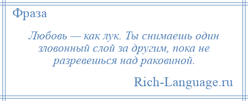 
    Любовь — как лук. Ты снимаешь один зловонный слой за другим, пока не разревешься над раковиной.