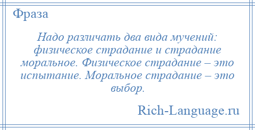 
    Надо различать два вида мучений: физическое страдание и страдание моральное. Физическое страдание – это испытание. Моральное страдание – это выбор.
