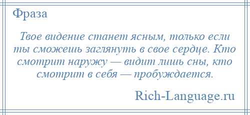 
    Твое видение станет ясным, только если ты сможешь заглянуть в свое сердце. Кто смотрит наружу — видит лишь сны, кто смотрит в себя — пробуждается.