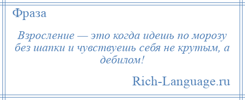 
    Взросление — это когда идешь по морозу без шапки и чувствуешь себя не крутым, а дебилом!