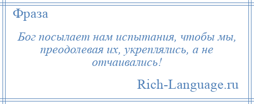 
    Бог посылает нам испытания, чтобы мы, преодолевая их, укреплялись, а не отчаивались!