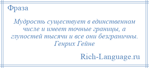 
    Мудрость существует в единственном числе и имеет точные границы, а глупостей тысячи и все они безграничны. Генрих Гейне