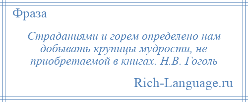
    Страданиями и горем определено нам добывать крупицы мудрости, не приобретаемой в книгах. Н.В. Гоголь