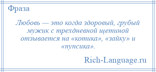 
    Любовь — это когда здоровый, грубый мужик с трехдневной щетиной отзывается на «котика», «зайку» и «пупсика».