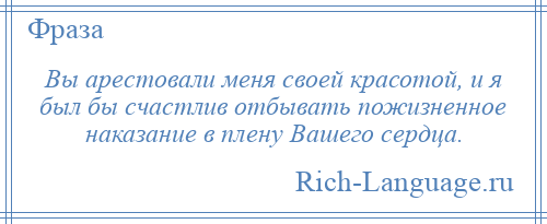 
    Вы арестовали меня своей красотой, и я был бы счастлив отбывать пожизненное наказание в плену Вашего сердца.