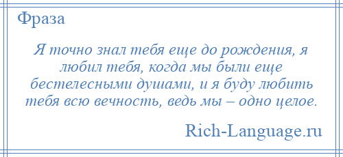 
    Я точно знал тебя еще до рождения, я любил тебя, когда мы были еще бестелесными душами, и я буду любить тебя всю вечность, ведь мы – одно целое.