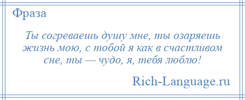 
    Ты согреваешь душу мне, ты озаряешь жизнь мою, с тобой я как в счастливом сне, ты — чудо, я, тебя люблю!