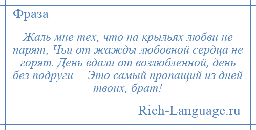 
    Жаль мне тех, что на крыльях любви не парят, Чьи от жажды любовной сердца не горят. День вдали от возлюбленной, день без подруги— Это самый пропащий из дней твоих, брат!