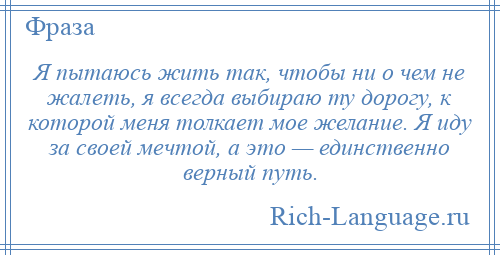 
    Я пытаюсь жить так, чтобы ни о чем не жалеть, я всегда выбираю ту дорогу, к которой меня толкает мое желание. Я иду за своей мечтой, а это — единственно верный путь.