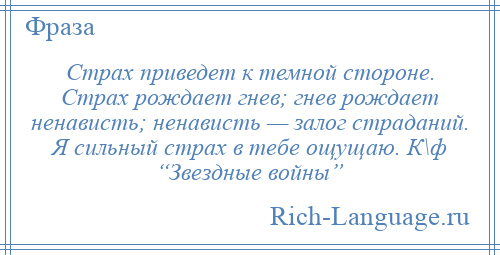 
    Страх приведет к темной стороне. Страх рождает гнев; гнев рождает ненависть; ненависть — залог страданий. Я сильный страх в тебе ощущаю. К\ф “Звездные войны”