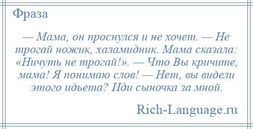 
    — Мама, он проснулся и не хочет. — Не трогай ножик, халамидник. Мама сказала: «Ничуть не трогай!». — Что Вы кричите, мама! Я понимаю слов! — Нет, вы видели этого идьета? Иди сыночка за мной.