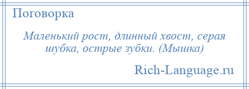 
    Маленький рост, длинный хвост, серая шубка, острые зубки. (Мышка)