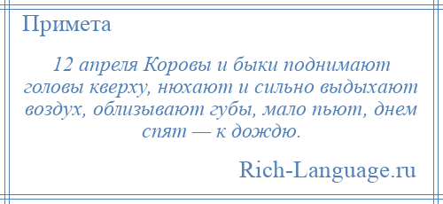 
    12 апреля Коровы и быки поднимают головы кверху, нюхают и сильно выдыхают воздух, облизывают губы, мало пьют, днем спят — к дождю.