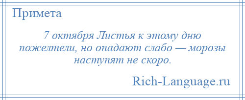 
    7 октября Листья к этому дню пожелтели, но опадают слабо — морозы наступят не скоро.