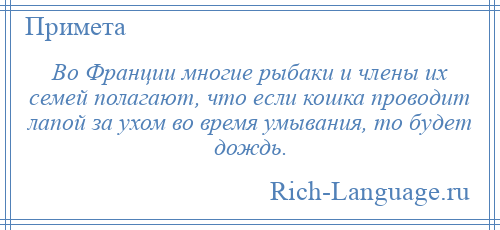 
    Во Франции многие рыбаки и члены их семей полагают, что если кошка проводит лапой за ухом во время умывания, то будет дождь.