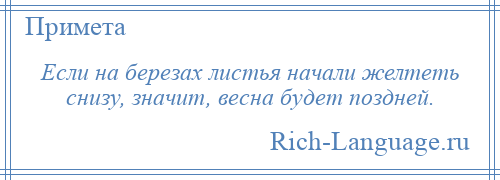 
    Если на березах листья начали желтеть снизу, значит, весна будет поздней.