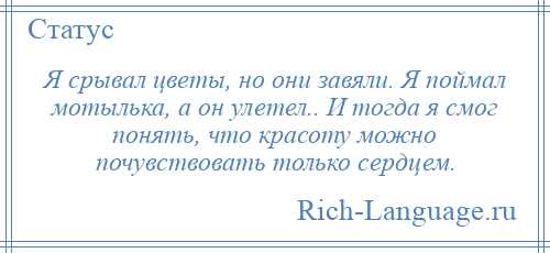 
    Я срывал цветы, но они завяли. Я поймал мотылька, а он улетел.. И тогда я смог понять, что красоту можно почувствовать только сердцем.