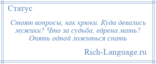 
    Стоят вопросы, как крюки. Куда девались мужики? Что за судьба, едрена мать? Опять одной ложиться спать