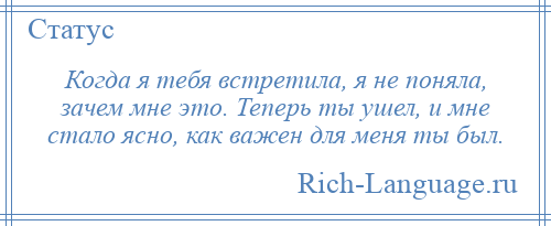 
    Когда я тебя встретила, я не поняла, зачем мне это. Теперь ты ушел, и мне стало ясно, как важен для меня ты был.