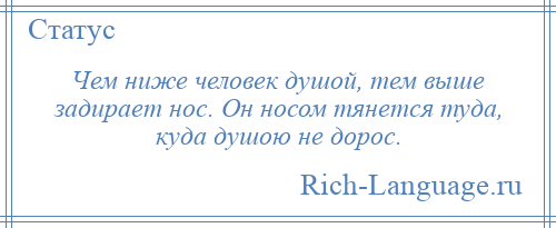 
    Чем ниже человек душой, тем выше задирает нос. Он носом тянется туда, куда душою не дорос.