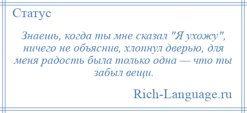 
    Знаешь, когда ты мне сказал Я ухожу , ничего не объяснив, хлопнул дверью, для меня радость была только одна — что ты забыл вещи.