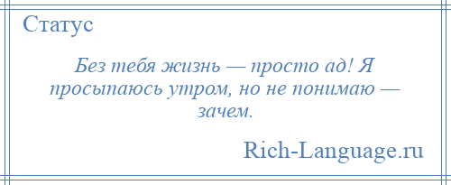 
    Без тебя жизнь — просто ад! Я просыпаюсь утром, но не понимаю — зачем.