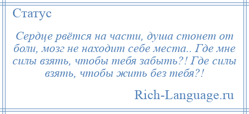 
    Сердце рвётся на части, душа стонет от боли, мозг не находит себе места.. Где мне силы взять, чтобы тебя забыть?! Где силы взять, чтобы жить без тебя?!
