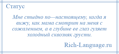 
    Мне стыдно по—настоящему, когда я вижу, как мама смотрит на меня с сожалением, а в глубине ее глаз гуляет холодный сквозняк грусти.