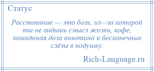 
    Расставание — это боль, из—за которой ты не видишь смысл жизни, кофе, лошадиная доза никотина и бесконечные слёзы в подушку.