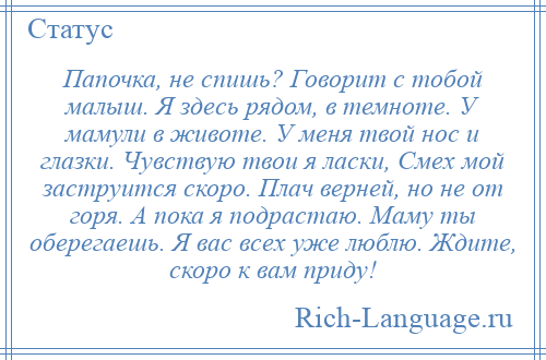 
    Папочка, не спишь? Говорит с тобой малыш. Я здесь рядом, в темноте. У мамули в животе. У меня твой нос и глазки. Чувствую твои я ласки, Смех мой заструится скоро. Плач верней, но не от горя. А пока я подрастаю. Маму ты оберегаешь. Я вас всех уже люблю. Ждите, скоро к вам приду!