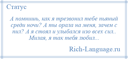 
    А помнишь, как я трезвонил тебе пьяный среди ночи? А ты орала на меня, зачем с пил? А я стоял и улыбался изо всех сил.. Милая, я так тебя любил...