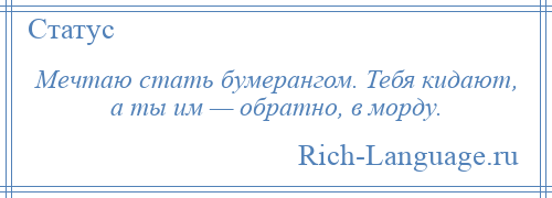 
    Мечтаю стать бумерангом. Тебя кидают, а ты им — обратно, в морду.