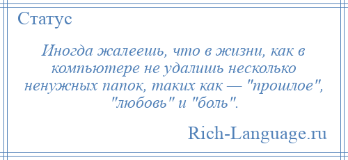 
    Иногда жалеешь, что в жизни, как в компьютере не удалишь несколько ненужных папок, таких как — прошлое , любовь и боль .