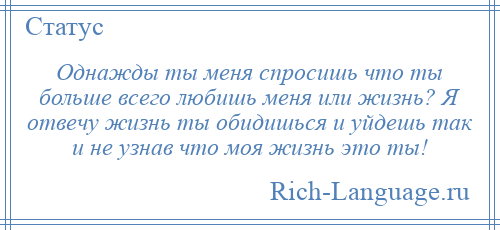 
    Однажды ты меня спросишь что ты больше всего любишь меня или жизнь? Я отвечу жизнь ты обидишься и уйдешь так и не узнав что моя жизнь это ты!